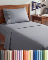 CGK Unlimited front packaging showing steel blue Twin XL set and easy storage benefit