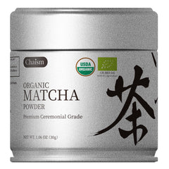 Chaism front tin showing organic ceremonial matcha and premium packaging benefit