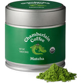 Chamberlain Coffee matcha tin front showing packaging and organic label for easy identification