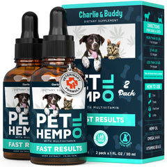 Charlie & Buddy front packaging showing two-bottle 2-pack and benefits