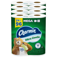 Charmin Ultra Gentle front packaging showing six mega rolls and brand comfort