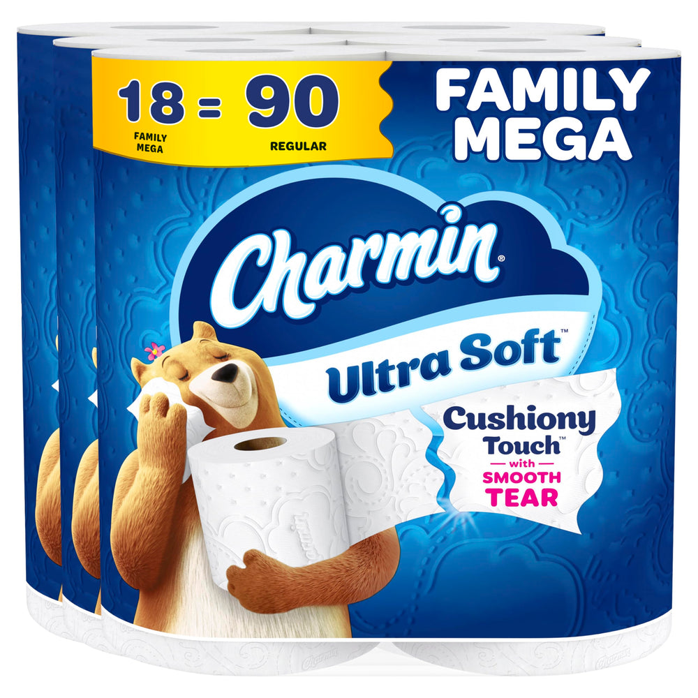 Charmin Ultra Soft front packaging showing 18 Family Mega rolls and value