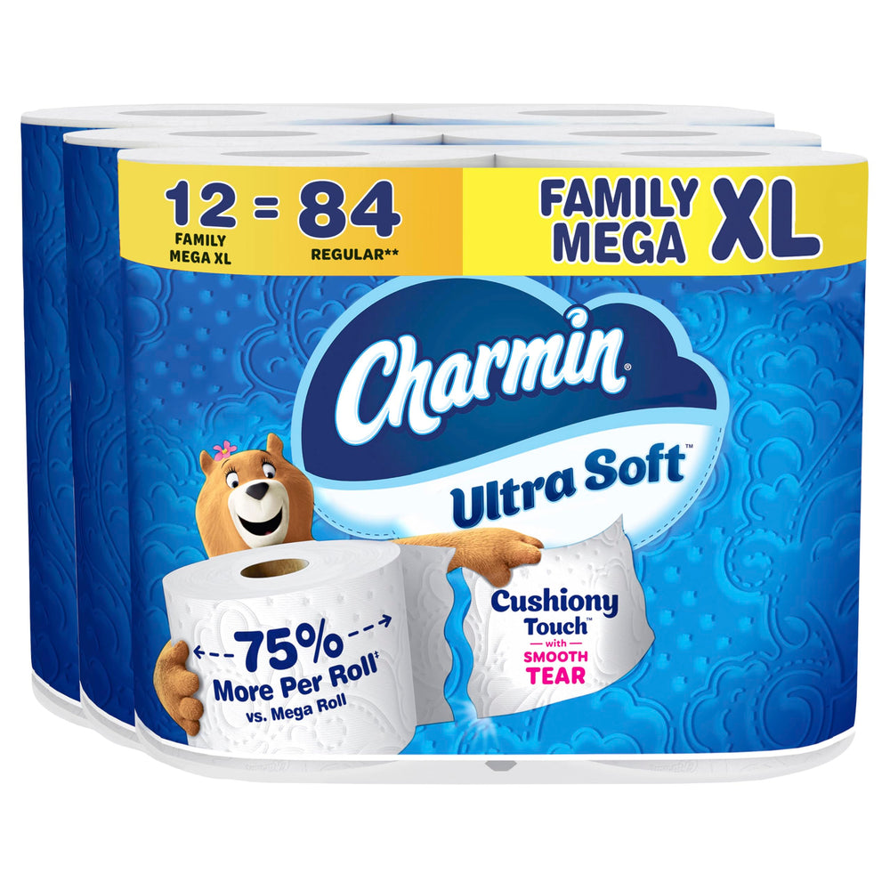 Charmin front packaging showing bulk Family Mega XL value for convenience