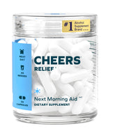 Cheers Relief front packaging showing 12-dose bottle and clear labeling for next-morning support