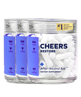 Cheers Restore front packaging showing bottle and 36 doses, clarity on formula benefits