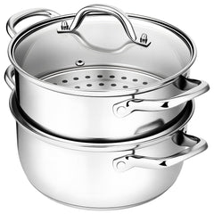 CHEFBEE front view of 3.2QT steamer pot showing full set and compact design benefit