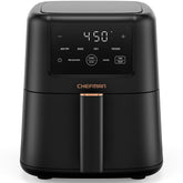 Chefman compact air fryer front profile showing slim footprint and quick heating benefit