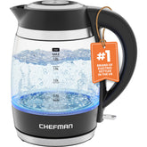 Chefman front view borosilicate glass kettle showing capacity and modern design for quick boiling