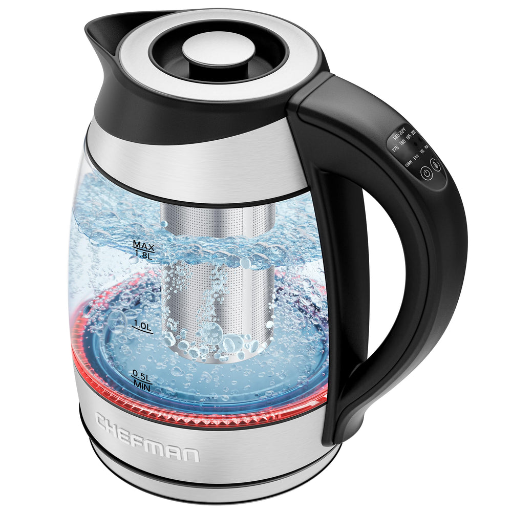 Chefman glass electric kettle front view showing clear body and handle, easy monitoring