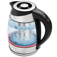 Chefman glass electric kettle front view showing clear body and handle, easy monitoring
