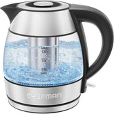 Chefman front view glass kettle showing clear body and fast boil benefit