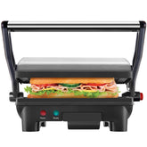 Chefman front view of panini press showing compact stainless steel design and benefit of counter-friendly size