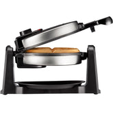 Chefman rotating waffle maker front view showing stainless steel and black finish for durable style
