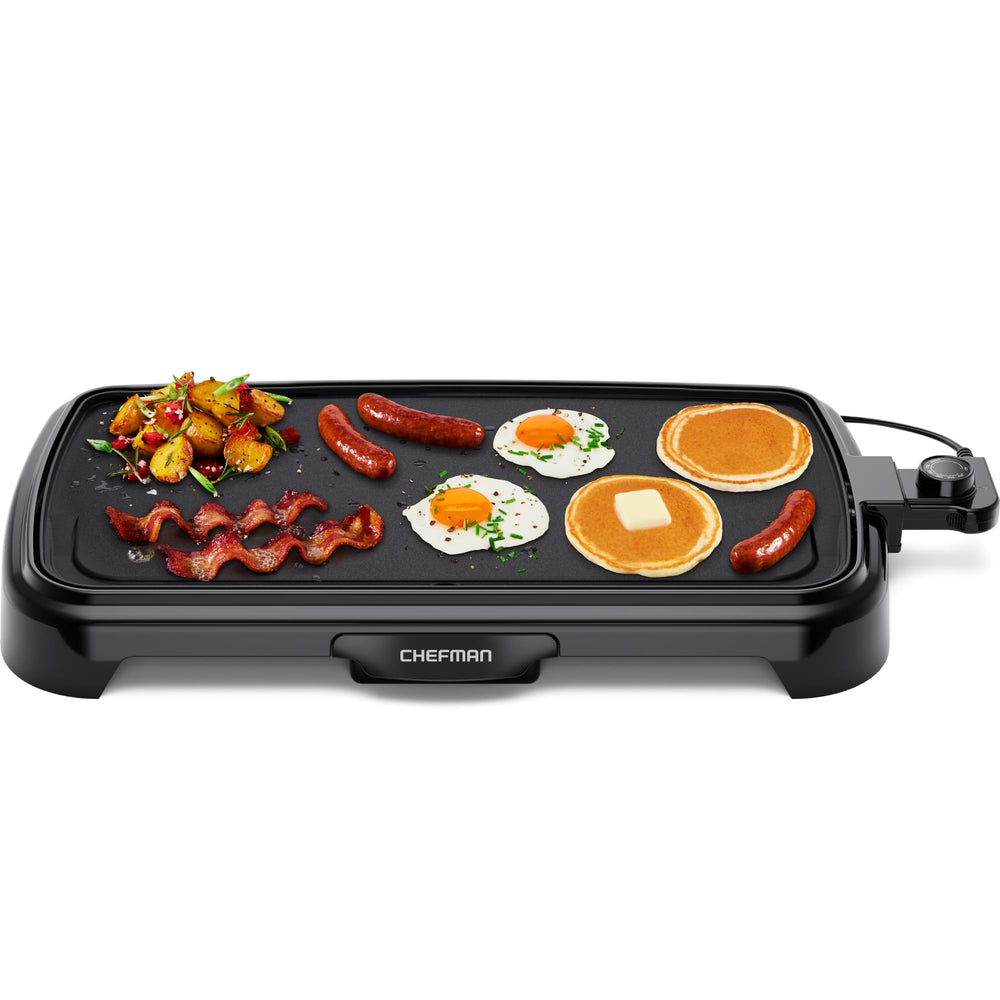 Chefman front view of griddle showing full cooking surface and nonstick benefit