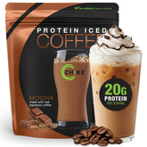 CHIKE front packaging showing mocha can and servings, highlights convenience and protein