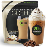CHIKE front packaging showing canister and vanilla protein benefit