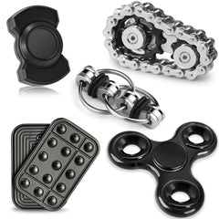 Chilvil front packaging showing the full 7-piece metal fidget set and benefits