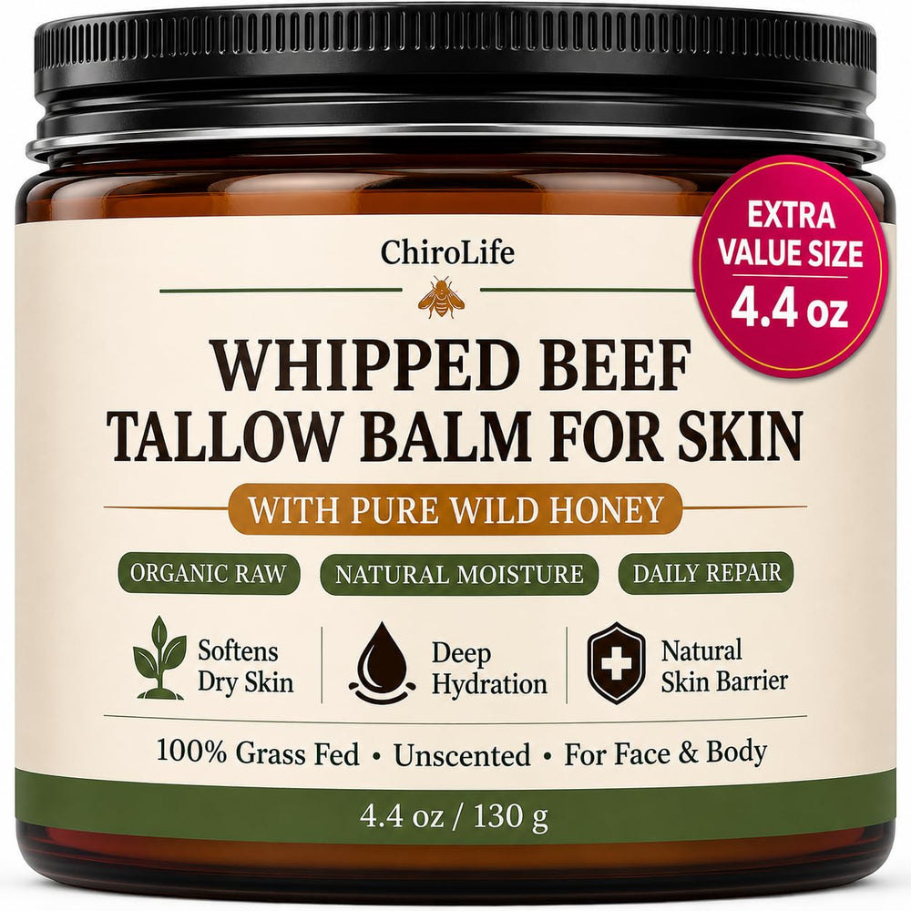 ChiroLife front jar view showing grass-fed tallow for rich hydration