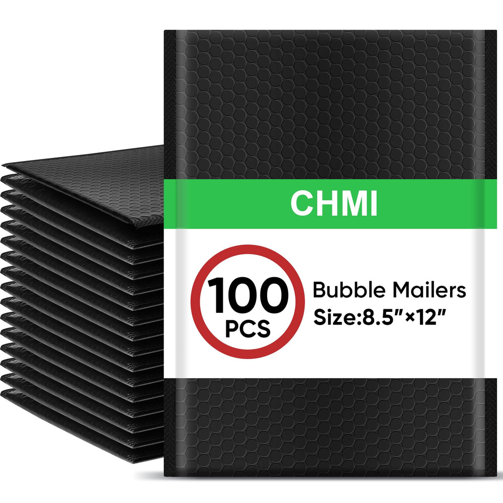 CHMI front view of black bubble mailer pack showing professional packaging and protection