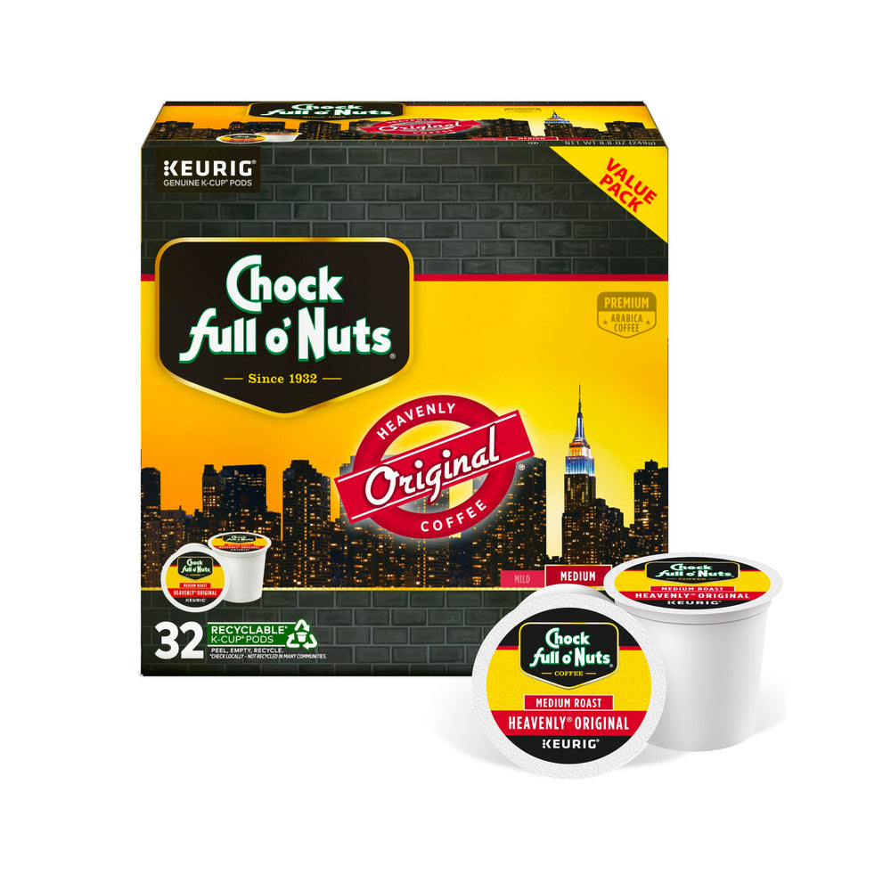 Chock Full o' Nuts front packaging showing 32 pods and brand clarity, quick selection benefit