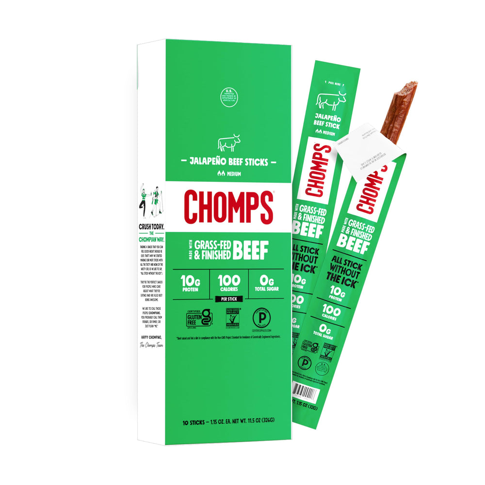 Chomps front packaging showing jalapeño beef sticks and convenience benefit
