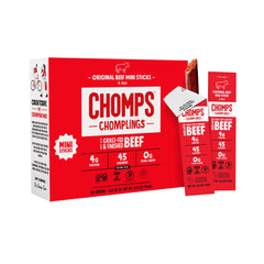 Chomps front packaging showing 24-count mini beef sticks and clean sourcing benefits