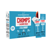 Chomps front packaging showing 24ct Sea Salt Beef Chomplings and portability benefit