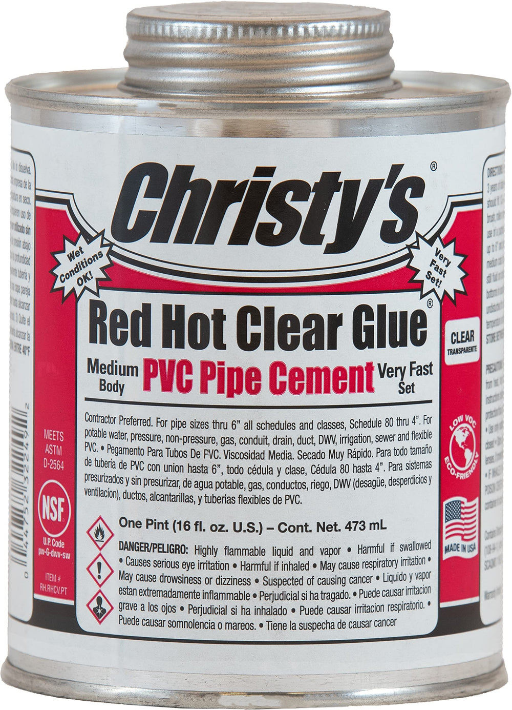 Christy's Red Hot clear glue pint front label showing quick-set benefit