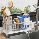 Cisily front view sink caddy showing organized sponges and bottle benefit tidy counters