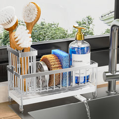 Cisily front view sink caddy showing organized sponges and bottle benefit tidy counters