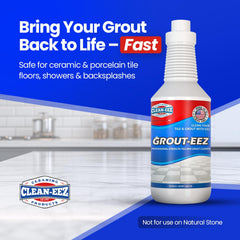 Clean-eez being sprayed on grout lines demonstrating easy application