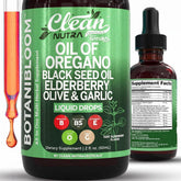 Clean Nutraceuticals front label showing 2 fl oz bottle and supplement highlights