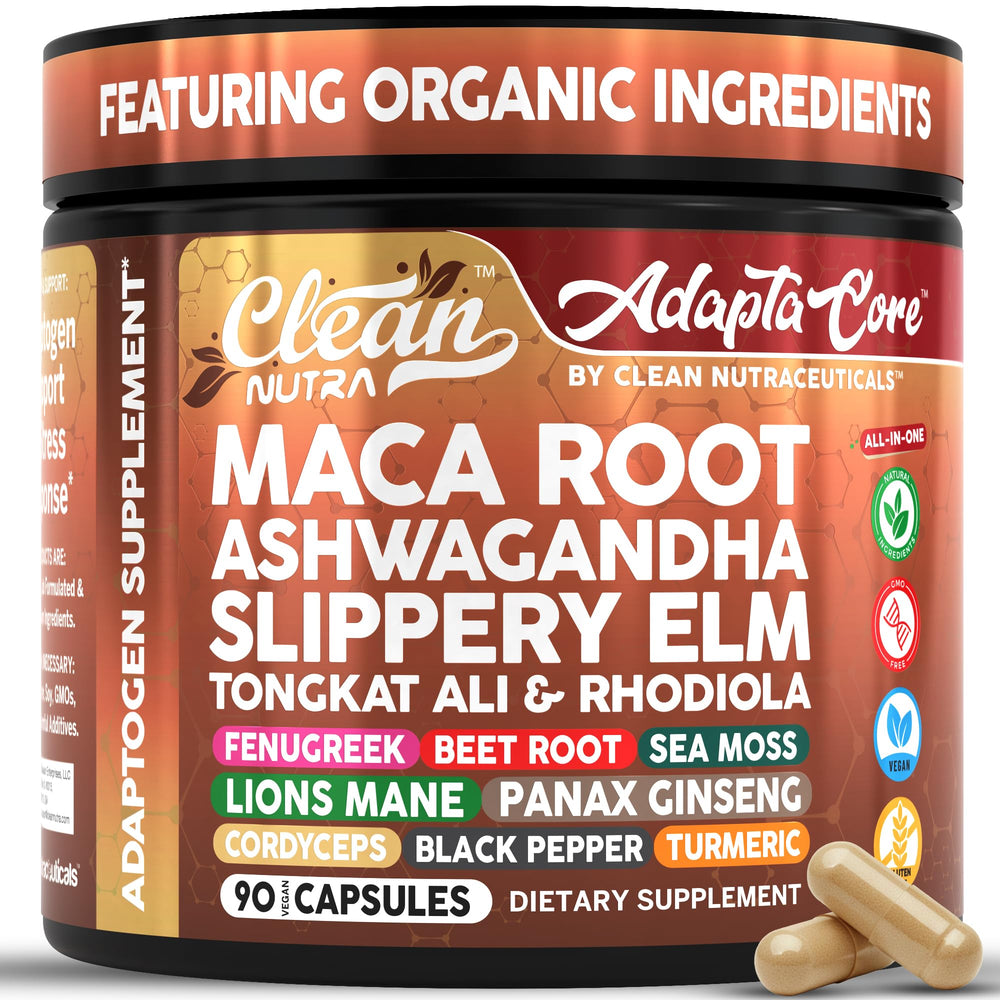 Clean Nutraceuticals front label of maca capsules showing product identity and convenience