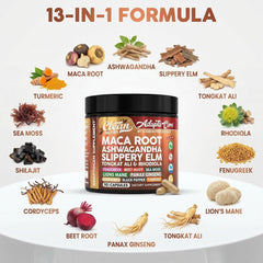 Arrangement of maca, ashwagandha, sea moss and beet root illustrating Clean Nutraceuticals ingredients