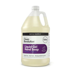 Clean Revolution front label on 128 fl oz lavender refill bottle showing brand and scent benefits