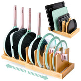 CLEANCLUE front view of under-cabinet organizer showing tidy pans and lids for faster cooking