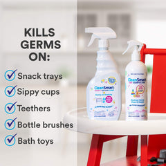 CleanSmart spray mist on plastic toy demonstrating fast sanitizing