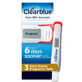 Clearblue product front packaging shows clear digital pregnancy test benefits