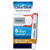 Clearblue front packaging showing the five-count box and benefits