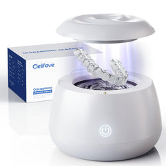 Clelifove front view of white ultrasonic cleaner showing compact design and easy controls for fast cleaning