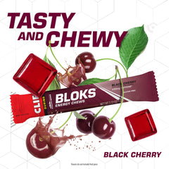 Close-up of Clif Bloks black cherry energy cubes highlighting portable quick-carb fuel