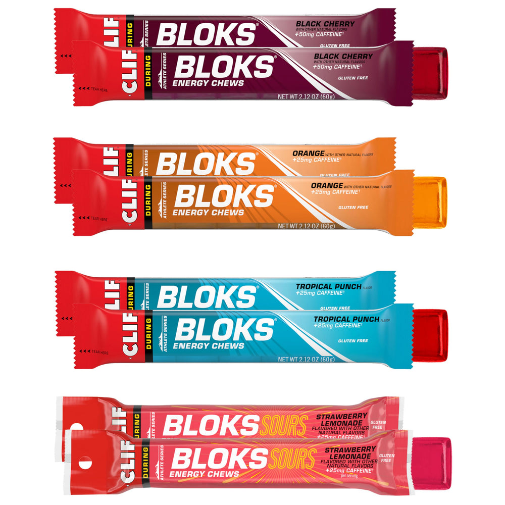 Clif Bloks front packaging showing variety pack and portability benefit