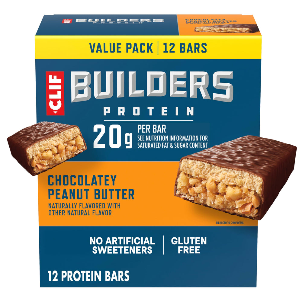 CLIF BUILDERS front box showing 12 bars and product benefit