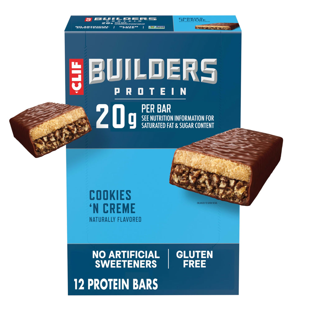 CLIF BUILDERS front packaging showing 12-count convenience and eco branding benefit