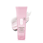 Clinique front bottle of Rinse-Off Foaming Face Wash showing clean packaging and benefits