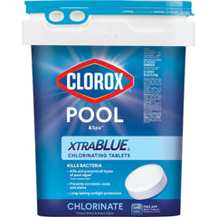 Clorox Pool&Spa pail front view showing product and weight for clear identification and storage benefit