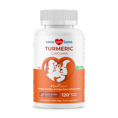 Coco and Luna front packaging showcasing turmeric tablets and benefits