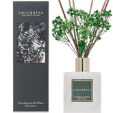 COCORRÍNA front view of eucalyptus and moss diffuser shows elegant glass and reeds