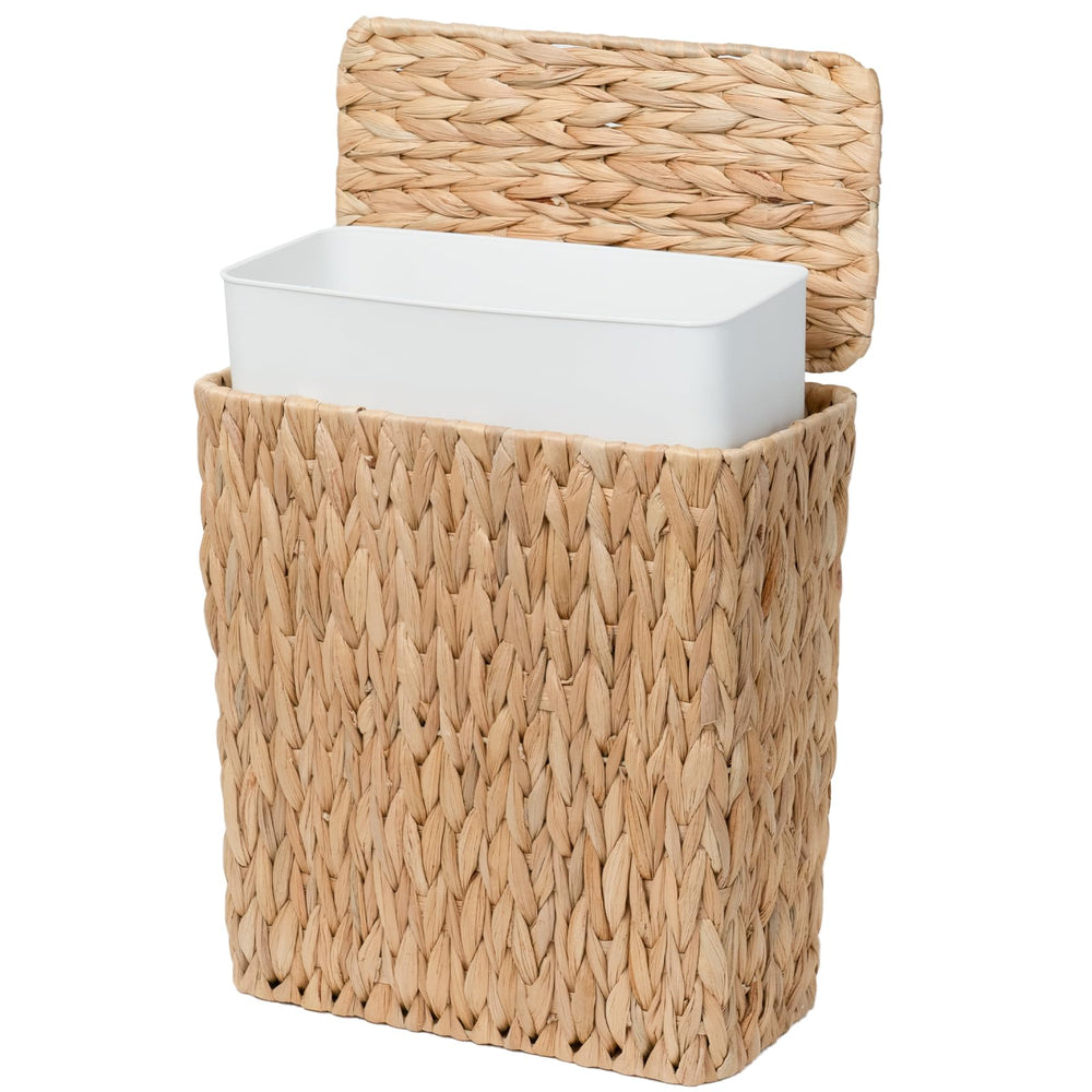 Coeusy front view wicker trash can showing natural look and tidy concealment