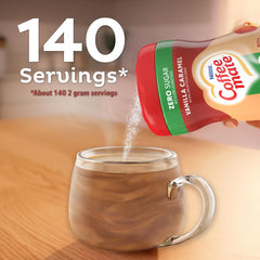 Coffee-mate powder mixing into hot coffee for creamy, sugar-free flavor